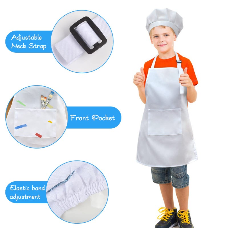 SUNLAND Kids Apron And Hat Set Children Chef Apron For Cooking Baking Painting White(M:6-12 Years) - Image 2